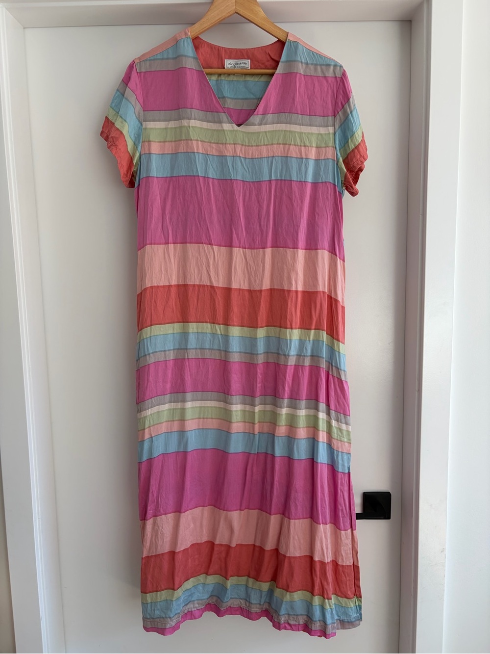 Gorgeous Rainbow 100% Silk Striped Maxi Dress Styled in Canada L